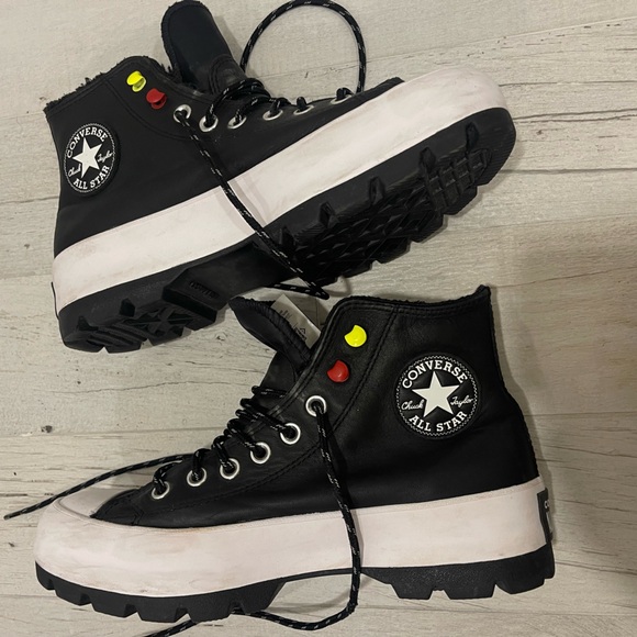 Converse Shoes - Converse Black and White leather High-Tops with Yellow and red Accent!Beautiful